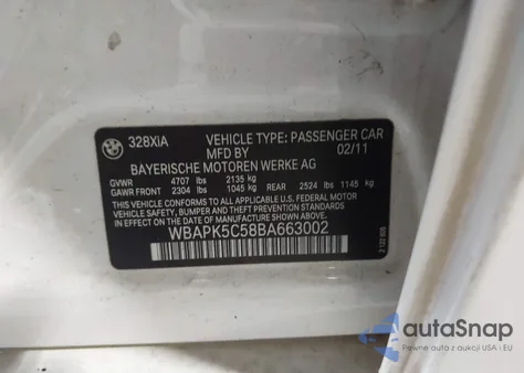 2011 BMW 328I xDrive from USA, damaged, VIN WBAPK5C58BA663002